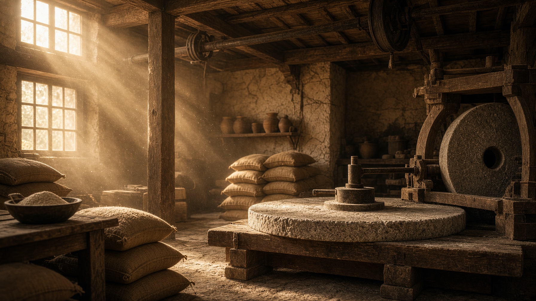 Warm interior of a heritage flour mill