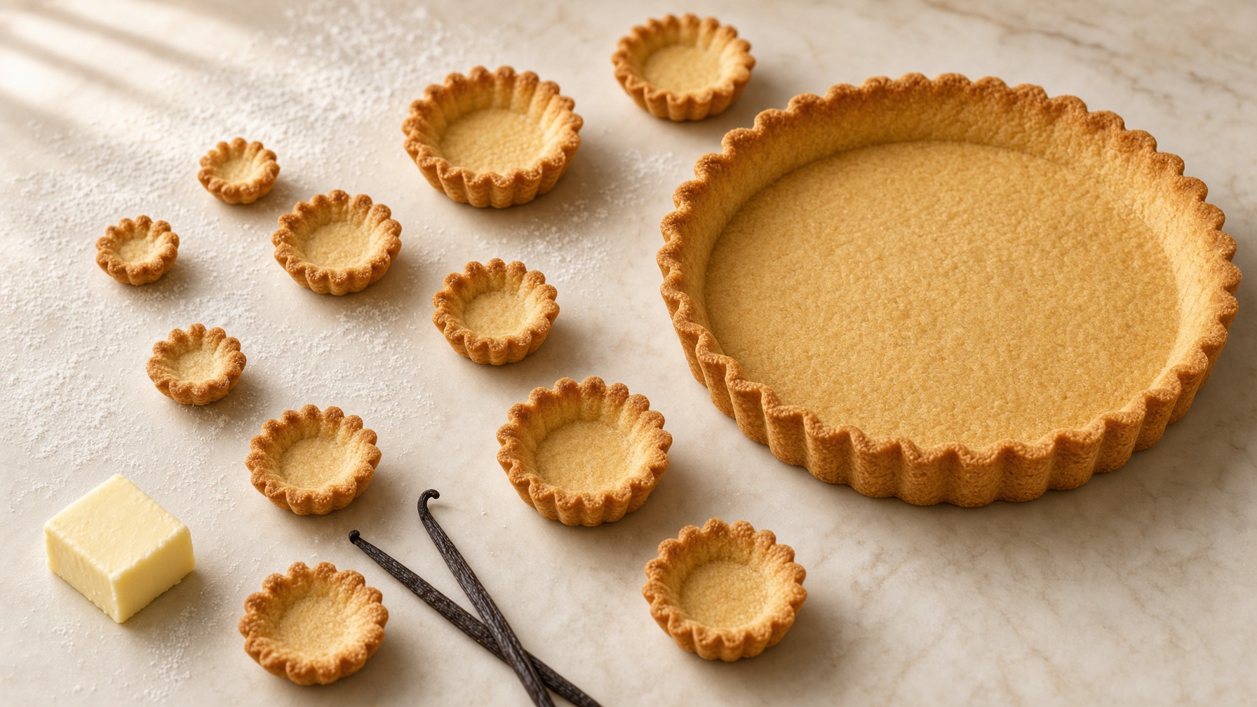 Empty golden butter tart shells of mixed sizes on marble